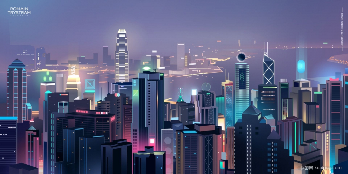 香港城市夜景插画