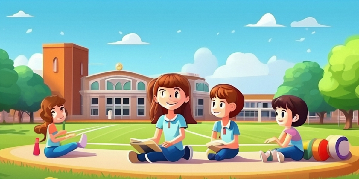 学生在学校操场上玩的风景插画
