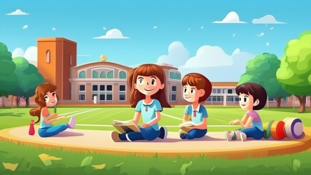 学生在学校操场上玩的风景插画