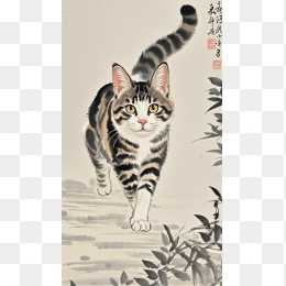 一只小猫中国风绘画