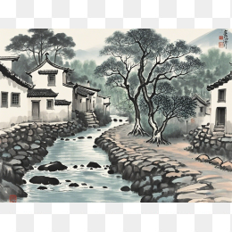 乡村小桥流水风景写生画