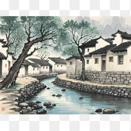 乡村写生风景画