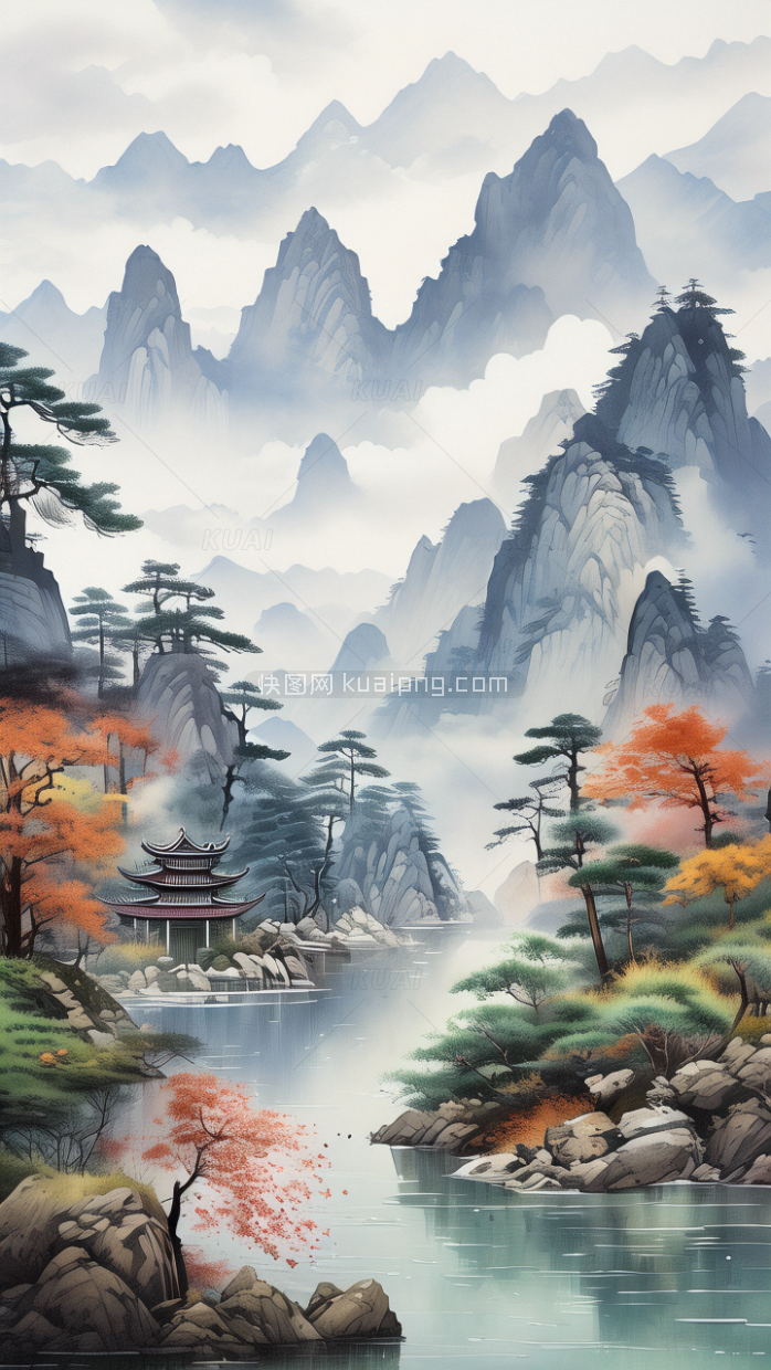 快图网AI创作中国风迎客松风景壁画