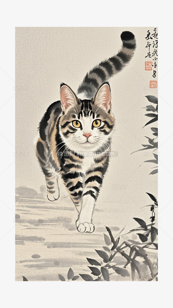 一只小猫中国风绘画