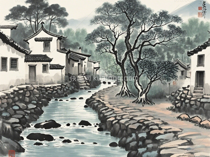 乡村小桥流水风景写生画